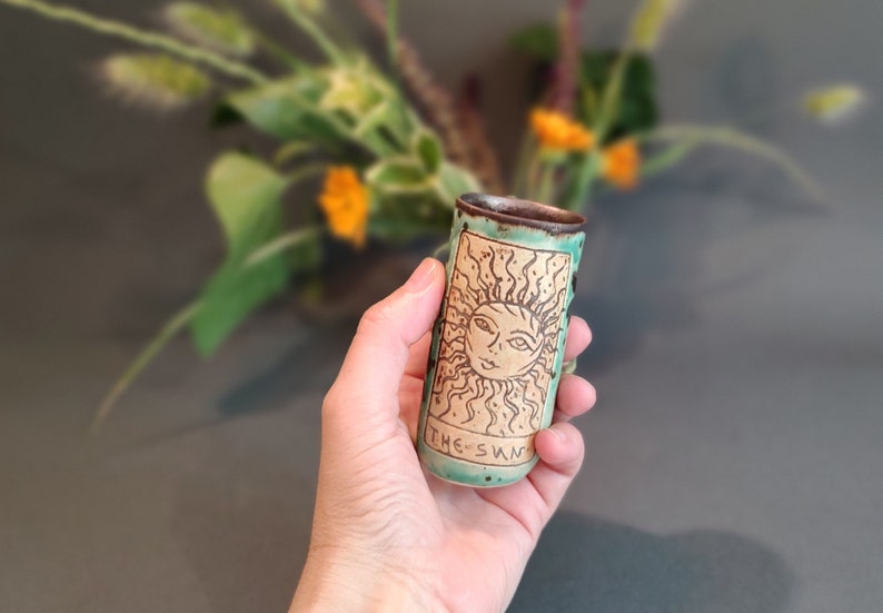 Sun and Moon Alcohol Set, Hand Glazed Ceramic Bottle & Tumblers, Collectible Tarot Themed Pottery for Home Bar, Unique Gift for Art Lovers image 8