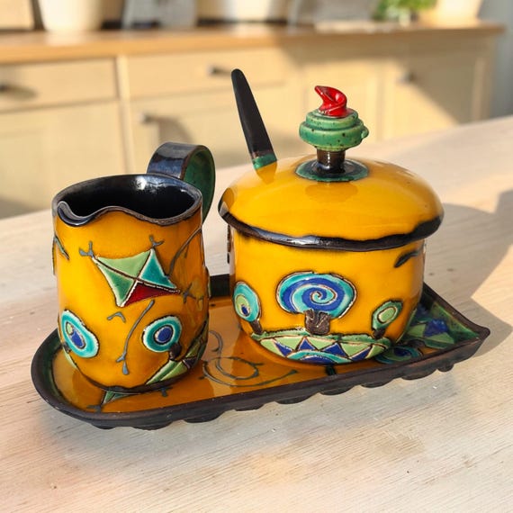 Handgefertigte Keramik Zuckerdose und Milchkännchen Set - Keramik Kaffeeset mit Löffel, Milchkännchen