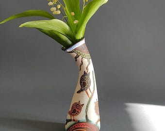 Small white vase for spring flowers with birds and sun, handmade ceramic vase for wildflowers, small bud vase , vase with an unusual shape