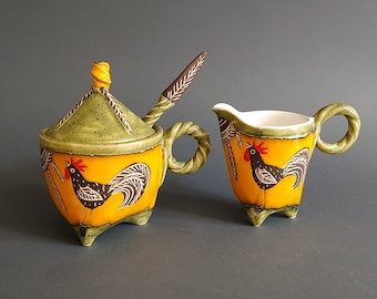Handmade Sugar Cellar and Creamer Set, Hand Painted Rooster Motif on Yellow Sugar Bowl with Ceramic Spoon, Functional Gift - Kitchen Decor.
