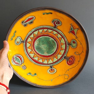 Large Handmade Ceramic Fruit Bowl Bright Yellow, Wall Hanging Plate Unique Home Decor and Housewarming Gift image 1