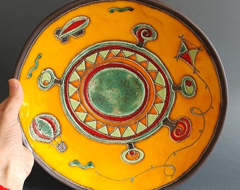 Large Handmade Ceramic Fruit Bowl - Bright Yellow, Wall Hanging Plate - Unique Home Decor and Housewarming Gift