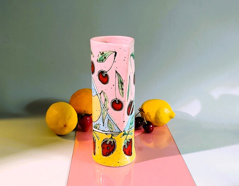 Slab Built Ceramic Pitcher, Unique Pottery Jug with Hand Painted Fruts, Tricolored Juice Conteiner, Home Decor, Functional Art image 6