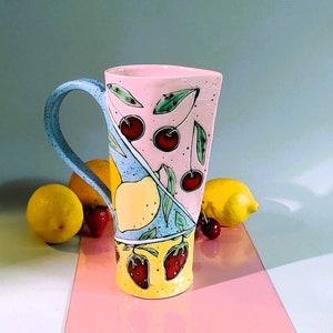 Slab Built Ceramic Pitcher, Unique Pottery Jug with Hand Painted Fruts, Tricolored Juice Conteiner, Home Decor, Functional Art image 8