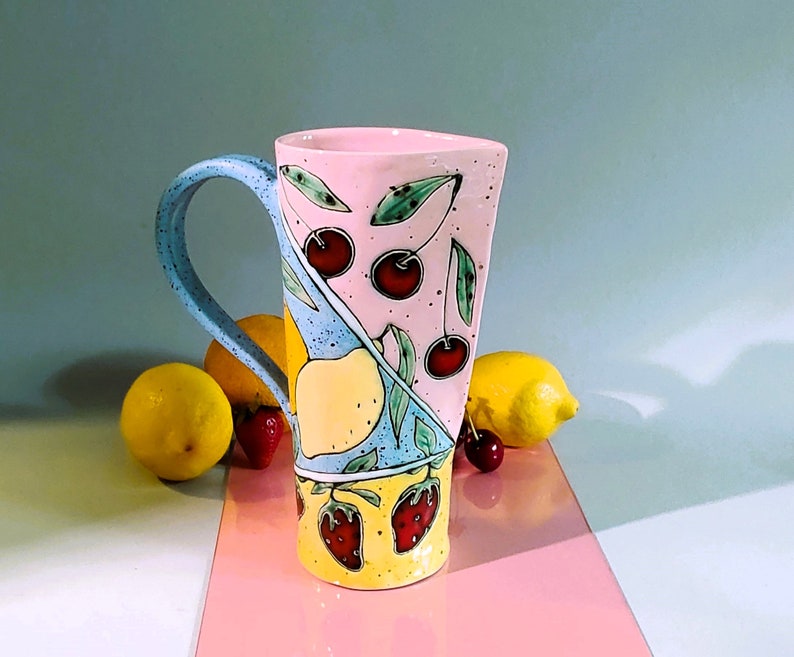 Slab Built Ceramic Pitcher, Unique Pottery Jug with Hand Painted Fruts, Tricolored Juice Conteiner, Home Decor, Functional Art image 8