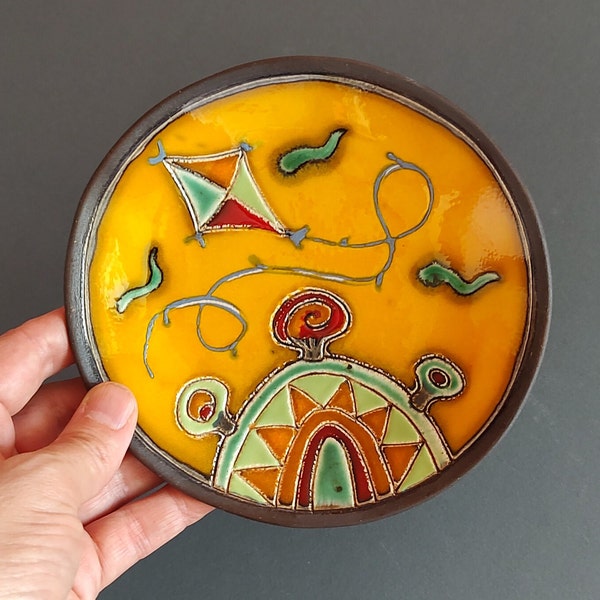 Handmade Ceramic Plate with a Kite and Trees, Pottery Handbuilt Saucer, Colorful Wall Hanging Plate, Small Platter, Wall Decor