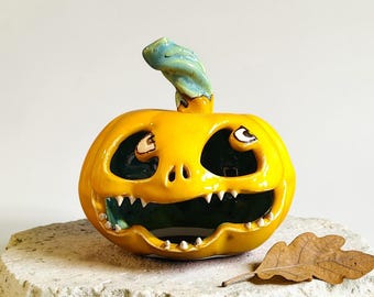 Handmade Ceramic Pumpkin Candle Holder, Halloween Lantern, Jack O Lantern Decor