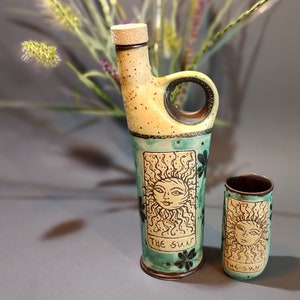 Sun and Moon Alcohol Set, Hand Glazed Ceramic Bottle & Tumblers, Collectible Tarot Themed Pottery for Home Bar, Unique Gift for Art Lovers image 6