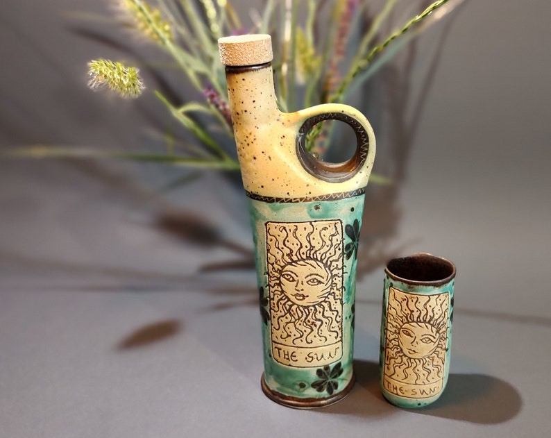 Sun and Moon Alcohol Set, Hand Glazed Ceramic Bottle & Tumblers, Collectible Tarot Themed Pottery for Home Bar, Unique Gift for Art Lovers image 6