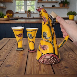 Handgemaakte keramische karafset met borrelglaasjes, gele vogelkunstaardewerk, uniek thuisbarcadeau