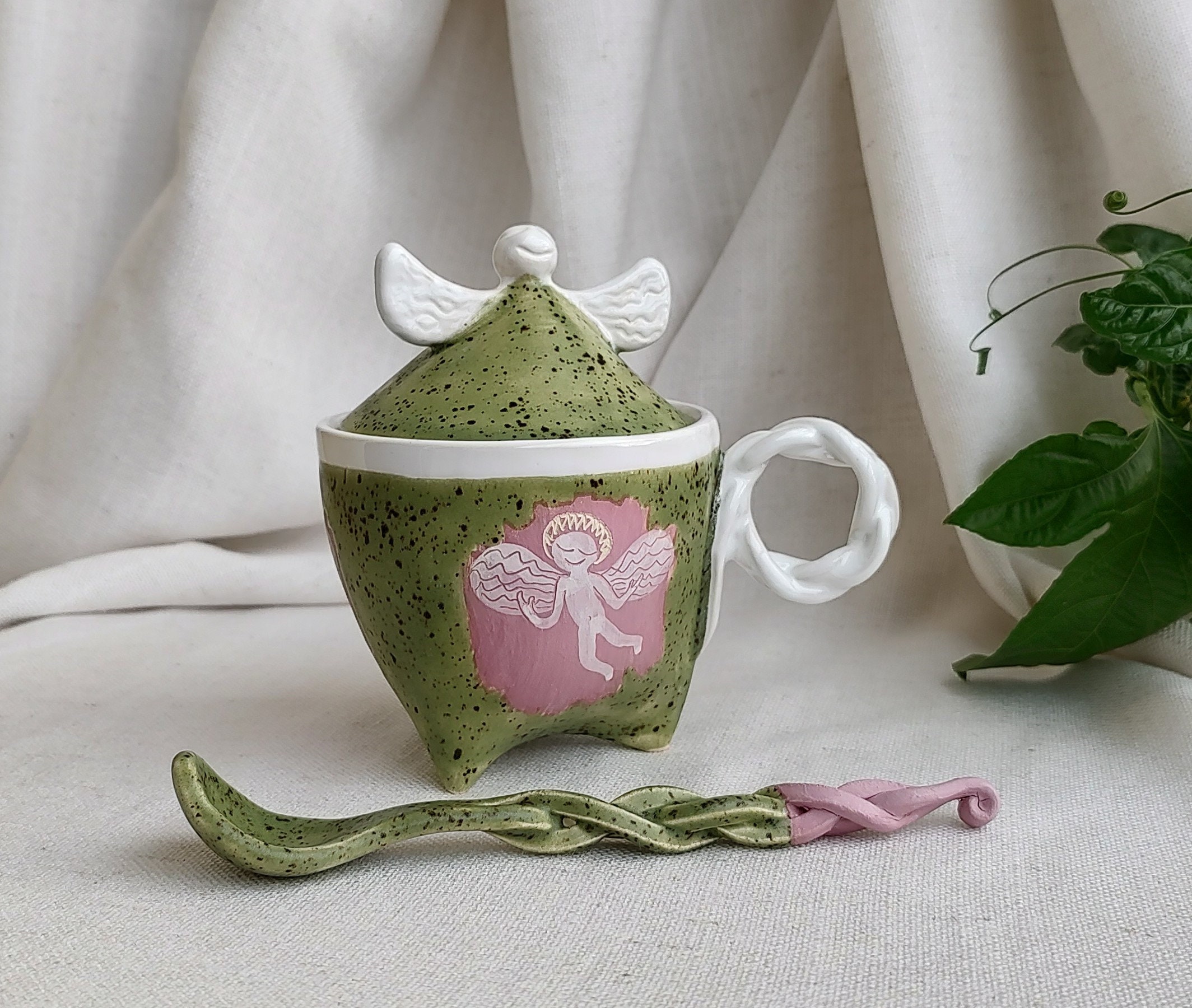 Hand-Painted Angel Ceramic Sugar Bowl with Lid & Spoon