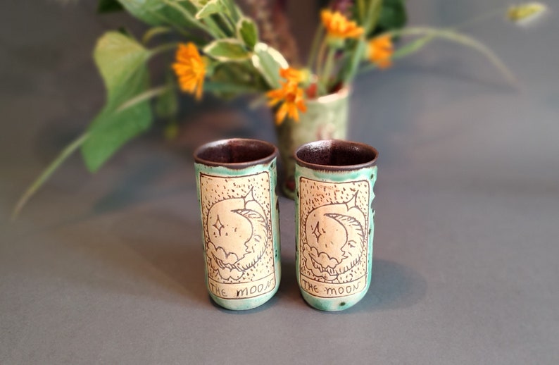 Sun and Moon Alcohol Set, Hand Glazed Ceramic Bottle & Tumblers, Collectible Tarot Themed Pottery for Home Bar, Unique Gift for Art Lovers image 9