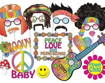 1960's Photo Booth prop set, Party props, 60's theme - Printable file - Decorations, Hippie props, flower power costume
