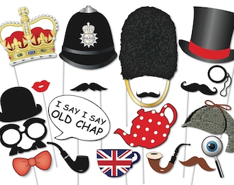 Set di oggetti di scena per Photo Booth in inglese, Oggetti di scena per feste, Tema reale - File stampabile - Decorazioni, Famiglia reale britannica, Sherlock Holmes, Re Carlo