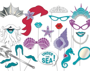 Mermaid Photo Booth prop set, Party props, under the sea theme - Printable file - Decorations, the little mermaid, Table decorations