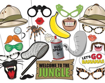 Set di oggetti di scena Jungle Photo Booth, oggetti di scena per feste, safari, dinosauri, feste T-rex - File stampabile - Decorazioni, clipart