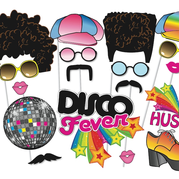 1970s Disco Photo Booth prop set, Party props, 1970's theme - Printable file - Decorations, Disco costume, Dancing Queen, Disco Diva