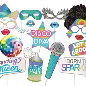 Disco Glitter Photo Booth prop set, Party props, 1970's theme - Printable file - Decorations, Disco costume, Dancing Queen, Disco Diva