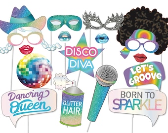 Disco Glitter Photo Booth prop set, Party props, 1970's theme - Printable file - Decorations, Disco costume, Dancing Queen, Disco Diva