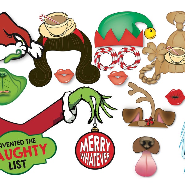 Grinch party Photo Booth prop set, Party props, Whoville - Printable file - Christmas Table Decorations, Cindy Lou who, Donna Lou who