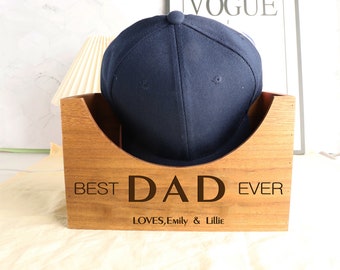 Soporte de sombrero de madera personalizado para el mejor papá de todos los tiempos, soporte de tapa de caja de sombrero personalizado con nombre grabado, soporte de tapa, organizador de gorra, regalos del Día del Padre