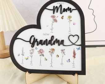 Custom First Mom Now Grandma Heart Birth Month Flower Sign,Personalized Grandmas Garden Gift,Birthday Gift For Grandma Nana From Grandchild