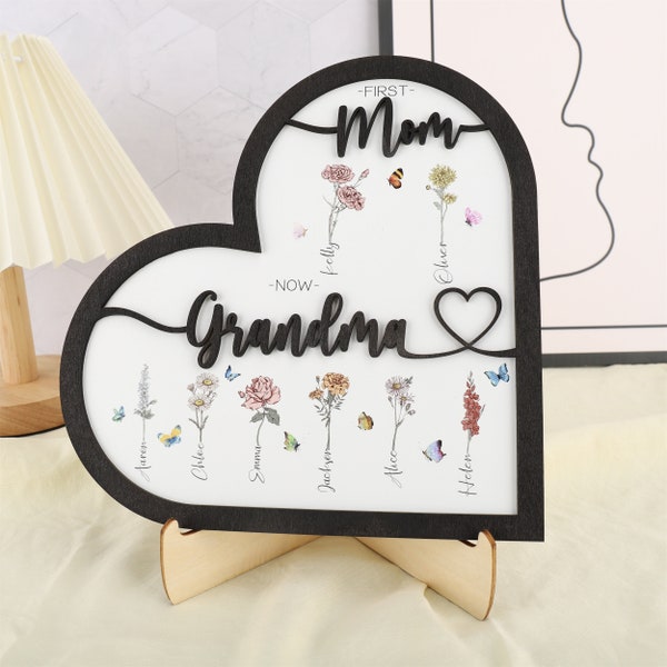 Custom First Mom Now Grandma Heart Birth Month Flower Sign,Personalized Grandmas Garden Gift,Birthday Gift For Grandma Nana From Grandchild