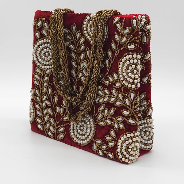 Borsa in velluto rosso con perline di perle / Borsa da damigella d'onore / Borsa da sposa / Borsa cosmetica / Regalo per lei / Borsa per l'anniversario di matrimonio / Borsa Boho Chic /Borsa regalo