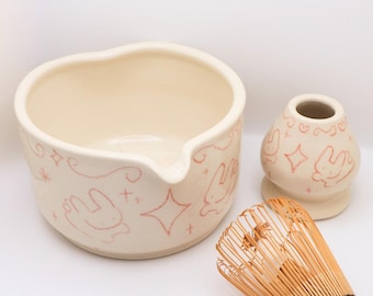 Bunny on the Stars | Handmade Matcha Bowl and Whisk Holder Tea Set
