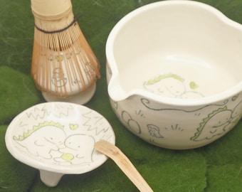 Verliebte Dinosaurier | Handgemachte Matcha Schüssel und Schneebesen Halter Tee Set mit Teller