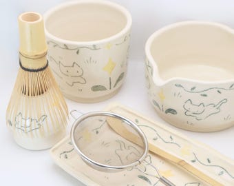 Juego de té The Magic Flower / Bol de matcha hecho a mano y soporte para batidor con plato