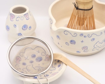 Meowmaid | Handmade Matcha Bowl and Whisk Holder Tea Set with Small Dish