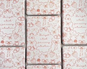 May include: Set of eight square coasters with a white background and a red floral pattern. The coasters feature a repeating pattern of strawberries, butterflies, birds, hearts, and bows. The text "She's got a book for every situation" is printed on each coaster.