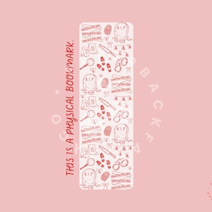 May include: A rectangular bookmark with a repeating pattern of crime scene elements in red on a white background. The elements include magnifying glasses, footprints, knives, and tombstones. The text "THIS IS A PHYSICAL BOOKMARK" is printed vertically on the left side.
