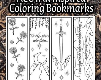 Può includere: Quattro segnalibri rettangolari in carta con disegni a linee in bianco e nero. Il testo recita ACOTAR Inspired Coloring Bookmarks, To the stars who listen e I am the rock against which the surf crashes. I motivi includono rose, stelle, una luna, montagne, una spada, ali di pipistrello e fiamme.