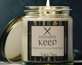 Assassins Keep | Shadowed Pines & Silent Steel | Dark Fantasy Bookish Candle, Romantasy Gift (4oz)