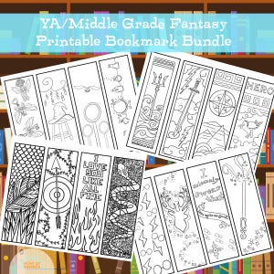 May include: A collection of printable bookmarks with fantasy themes. The bookmarks feature various designs, including a dragon, a stag, a sword, and the text "I solemnly swear that I am up to no good." The text "YA/Middle Grade Fantasy Printable Bookmark Bundle" is at the top.