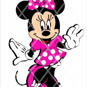 May include: A cartoon illustration of Minnie Mouse wearing a pink dress with white polka dots, a pink bow with white polka dots, and black shoes. She is smiling and waving.