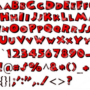 May include: A red and black cartoon font alphabet with uppercase letters, numbers, and punctuation marks. The font is bold and has a rounded, playful style.