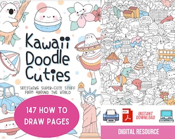 How To Draw Kawaii Doodles, Cute Art Printable Worksheets Art Digital Download Drawing Book PDF For Kids and Adults, Homeschool Art Resource