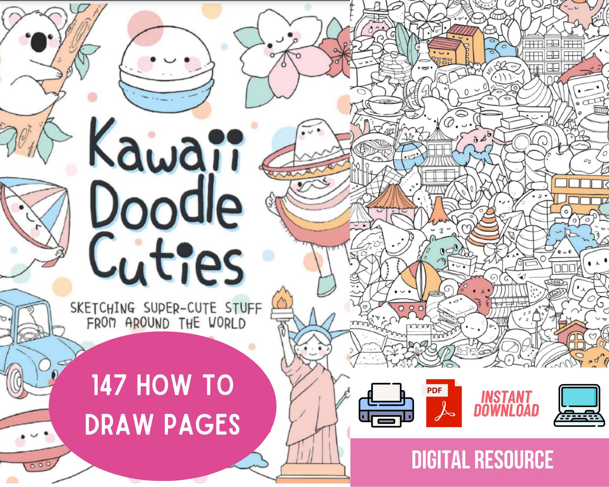 How to Draw Kawaii Doodles, Cute Art Printable Worksheets Art Digital  Download Drawing Book PDF for Kids and Adults, Homeschool Art Resource 