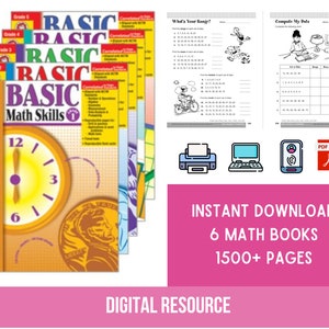 May include: Six "Basic Math Skills" workbooks for grades 1-5, featuring a clock and coin design. The image shows sample math exercises and text: "Instant Download 6 Math Books 1500+ Pages" and "Digital Resource".