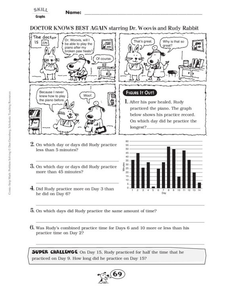 May include: A black and white illustration of a dog and rabbit practicing piano. A bar graph shows the amount of time the rabbit practiced each day. The graph is labeled with the days of the week and the number of minutes practiced. The text "Figure It Out!" is at the top of the page.