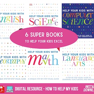 Könnte beinhalten: Eine rosa Sprechblase mit dem Text "6 SUPER BOOKS TO HELP YOUR KIDS EXCEL" befindet sich in der Mitte des Bildes. Sechs Buchcover sind um die Sprechblase herum angeordnet. Jedes Buchcover zeigt einen bunten Hintergrund mit einem einzigartigen Thema, wie z. B. Englisch, Naturwissenschaften, Informatik, Mathematik, Geographie und Sprachkunst. Die Buchcover haben alle den Text "HELP YOUR KIDS WITH" und ein einzigartiges Thema.
