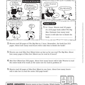 May include: A black and white comic strip illustration of a dog and a cow reading books. The comic strip is titled "Night School starring Woovis the Dog and Moovis the Cow". The comic strip features a series of panels with dialogue bubbles. The comic strip is part of a larger worksheet with math problems related to reading books.