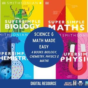 Op de afbeelding: Vier educatieve boeken getiteld "Super Simple Biology", "Super Simple Maths", "Super Simple Chemistry" en "Super Simple Physics". De boeken zijn van DK en Smithsonian, met een blauwe cirkel in het midden met de tekst "Science & Math Made Easy".