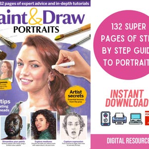 Op de afbeelding: Een tijdschriftcover met de titel "Paint & Draw Portraits" en een roze cirkel met de tekst "132 Super Pages of Step by Step Guide to Portraits". De cover toont een vrouw met rood haar en een hand die een witte krijtstok vasthoudt. Het tijdschrift is een digitale editie en bevat 15 tips voor het illustreren van realistische hoofden.