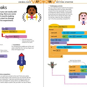 May include: A colorful page from a book about coding for kids. The page shows a series of colorful blocks with instructions for a game called "Animal Race". The blocks are arranged in a flowchart, and the text "Start Race", "Move 10 steps", and "Next Costume" are visible. The page also includes a picture of a cat, a dog, and a bat.