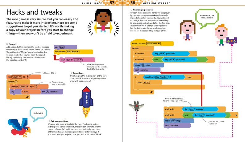 May include: A colorful page from a book about coding for kids. The page shows a series of colorful blocks with instructions for a game called "Animal Race". The blocks are arranged in a flowchart, and the text "Start Race", "Move 10 steps", and "Next Costume" are visible. The page also includes a picture of a cat, a dog, and a bat.