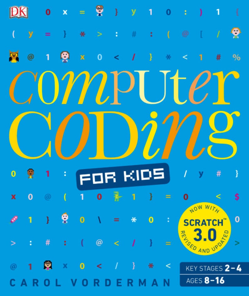 May include: A blue book cover with the title "Computer Coding for Kids" in yellow and orange letters. The cover features a pixelated design with colorful symbols and characters. The book is for ages 8-16 and includes Scratch 3.0.